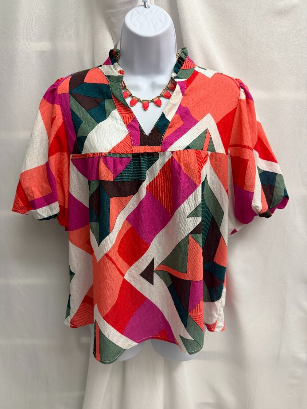THML Geometric Abstract Marcy Ruffle Neck Blouse Short Puff Sleeve Top Small